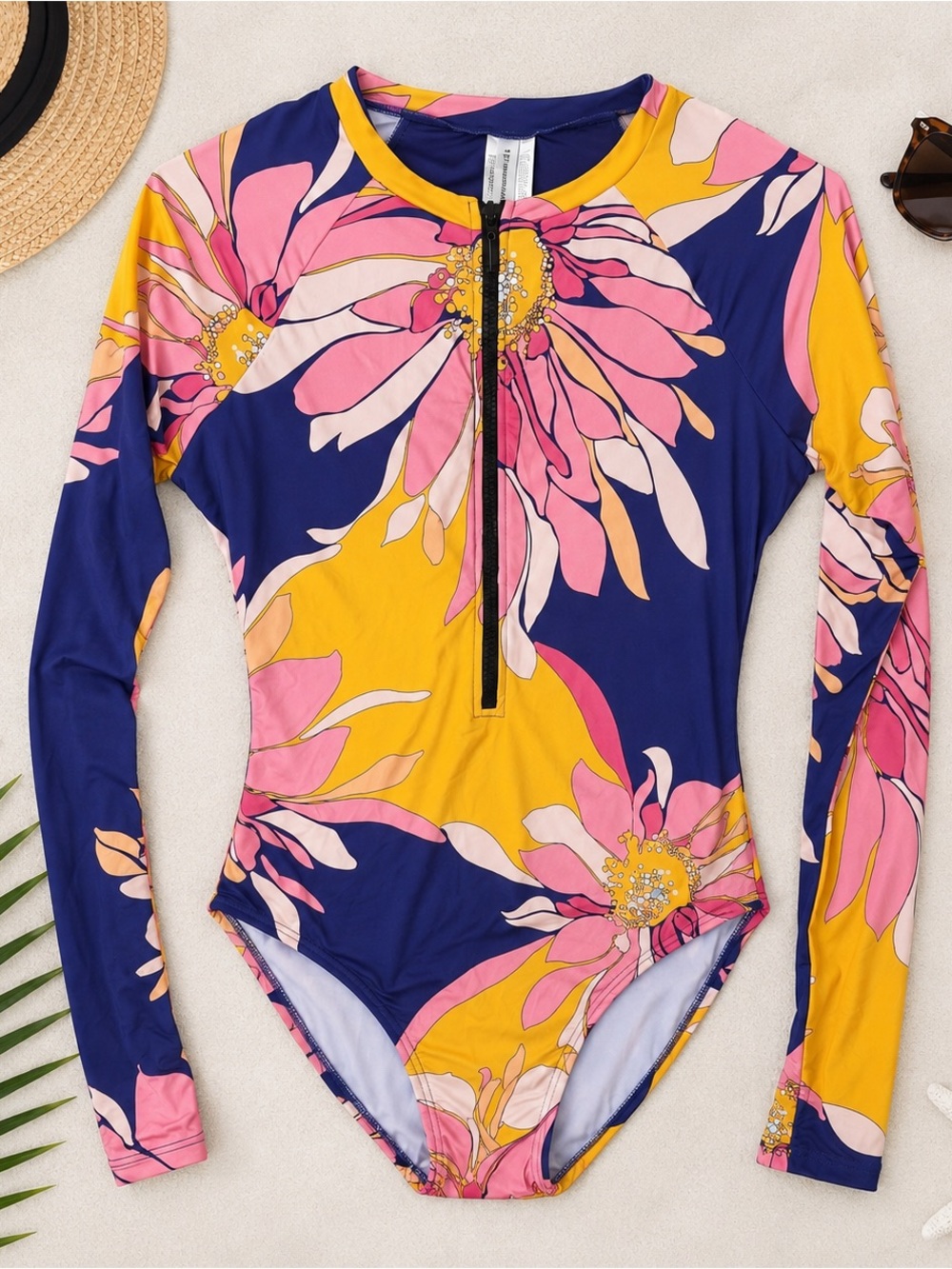 Trina Turk Floral Long Sleeve Rash Guard One Piece Swimsuit Large L Zip Front - Picture 5 of 9